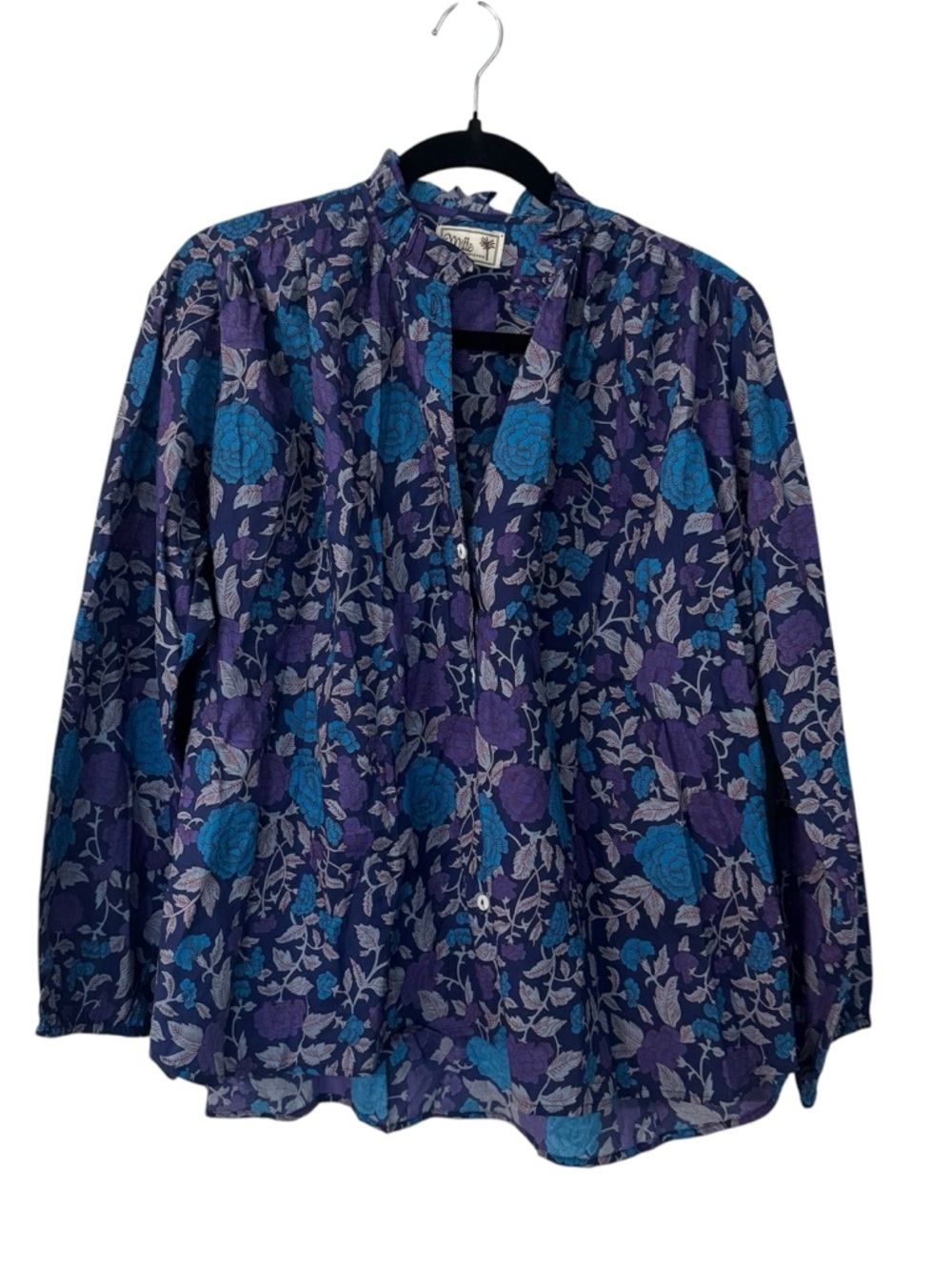 Mille Francesca Ruffle V-Neck Button Up Top in Blue & Purple Floral Sz M NWOT